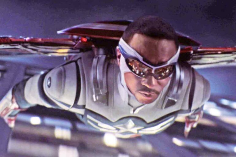 Sam Wilson takes a leap as Captain America in a still from The Falcon and the Winter Soldier