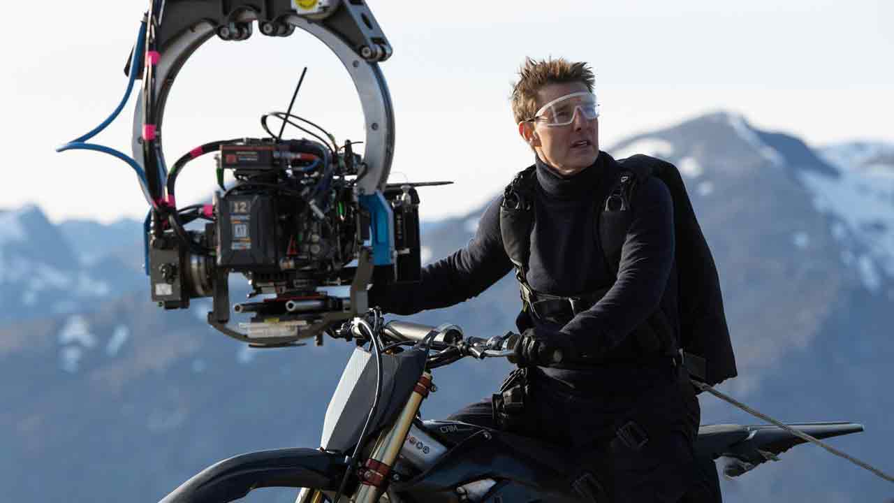 Tom Cruise filming the bike jump stunt on the set of Mission: Impossible - Dead Reckoning Part One