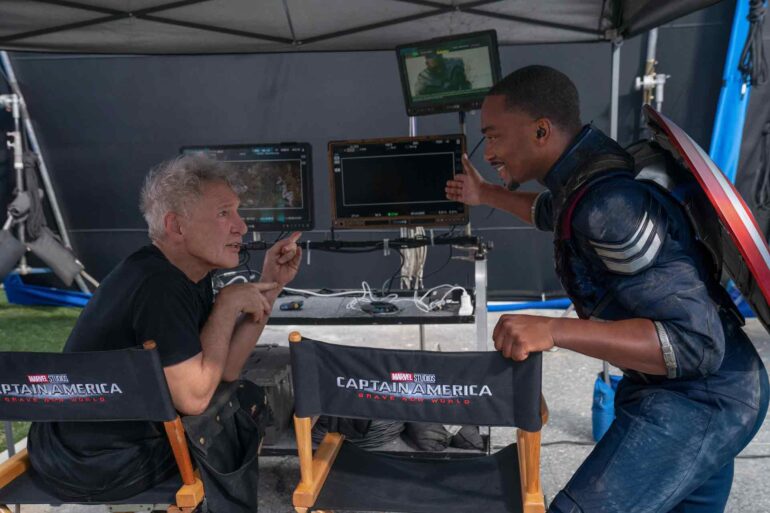Harrison Ford and Anthony Mackie in a Captain America: Brave New World set photo