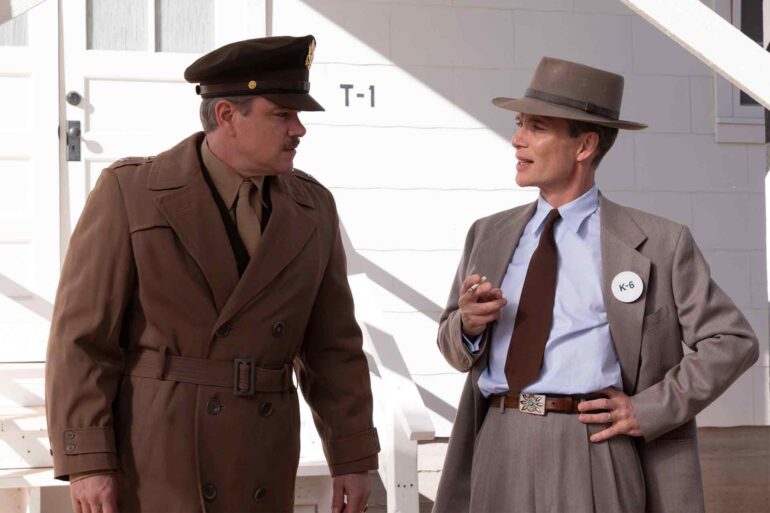 Matt Damon as General Leslie Groves and Cillian Murphy as J. Robert Oppenheimer in Christopher Nolan's Oppenheimer