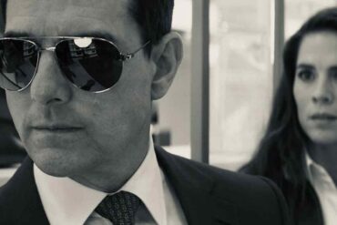 Tom Cruise and Hayley Atwell in a black-and-white still from Mission: Impossible - Dead Reckoning Part One
